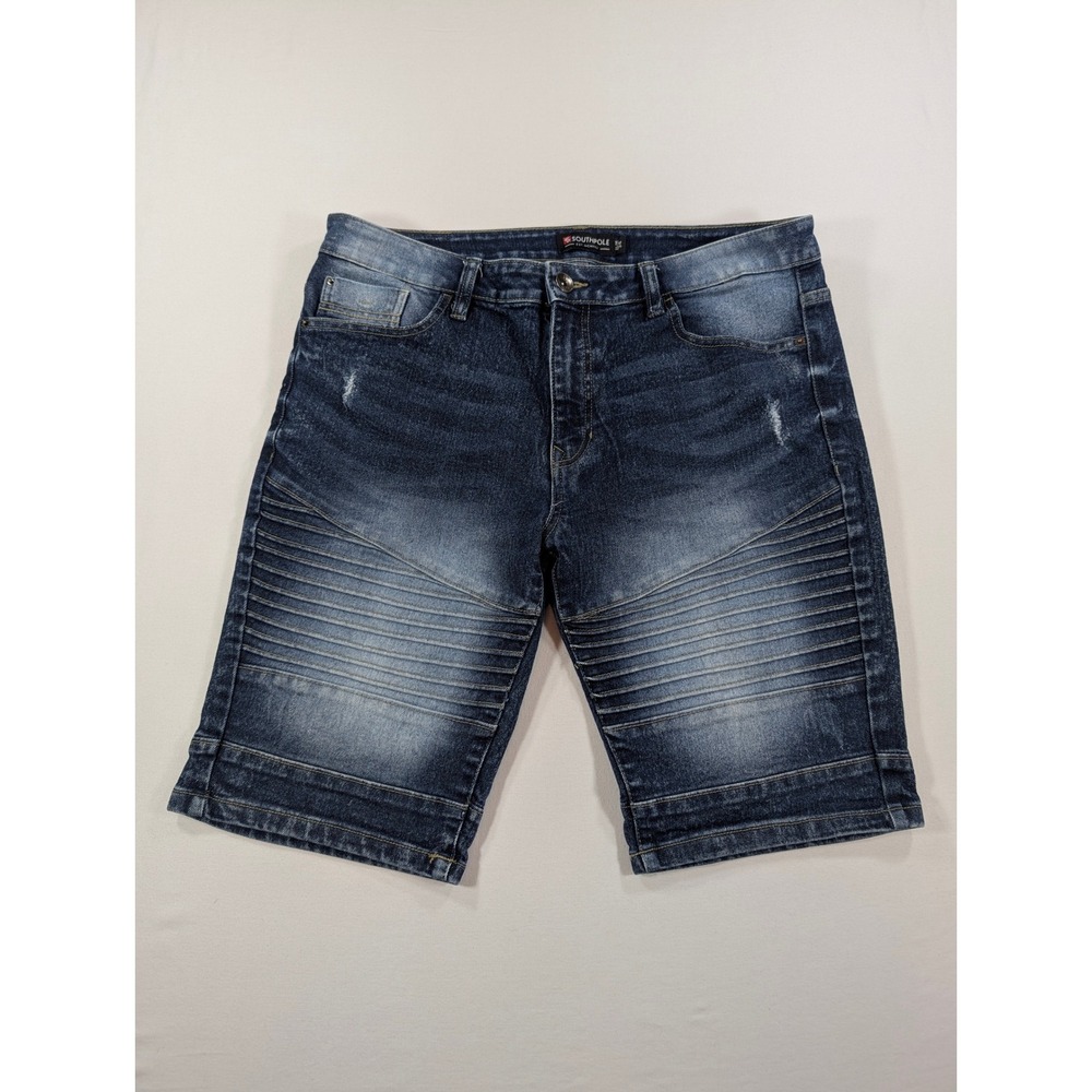 Southpole Mens Slim Fit Moto Denim Shorts Dark Wash Blue Distressed Size 34